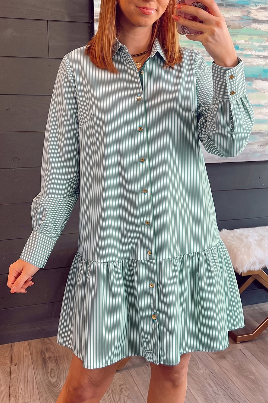 Green Stripe Long-Sleeve Shift Dress