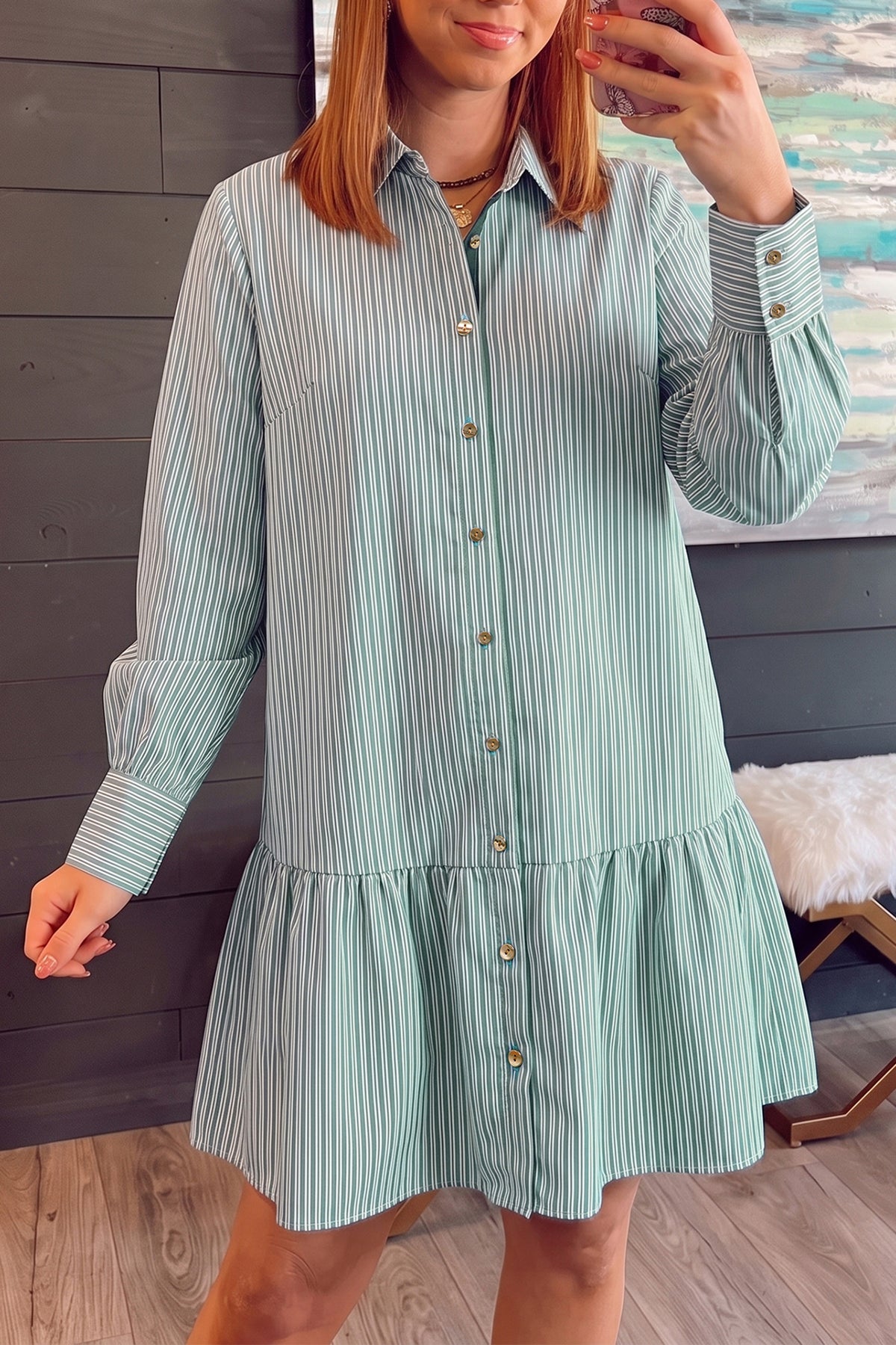 Green Stripe Long-Sleeve Shift Dress