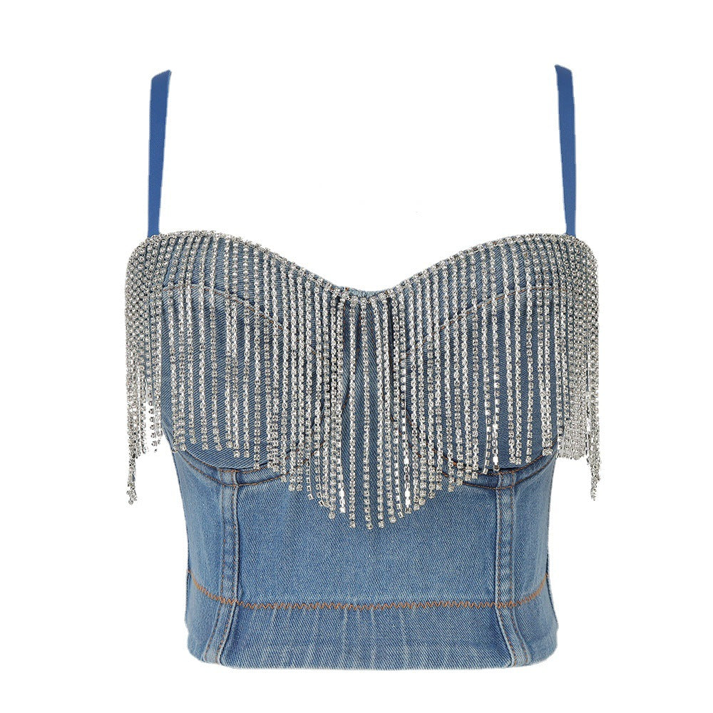 Women's Denim Tube Top Niche Tassel Rhinestone Camisole Outer Wear With Chest Pad Trendy Women Disco Top