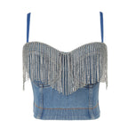 Women's Denim Tube Top Niche Tassel Rhinestone Camisole Outer Wear With Chest Pad Trendy Women Disco Top