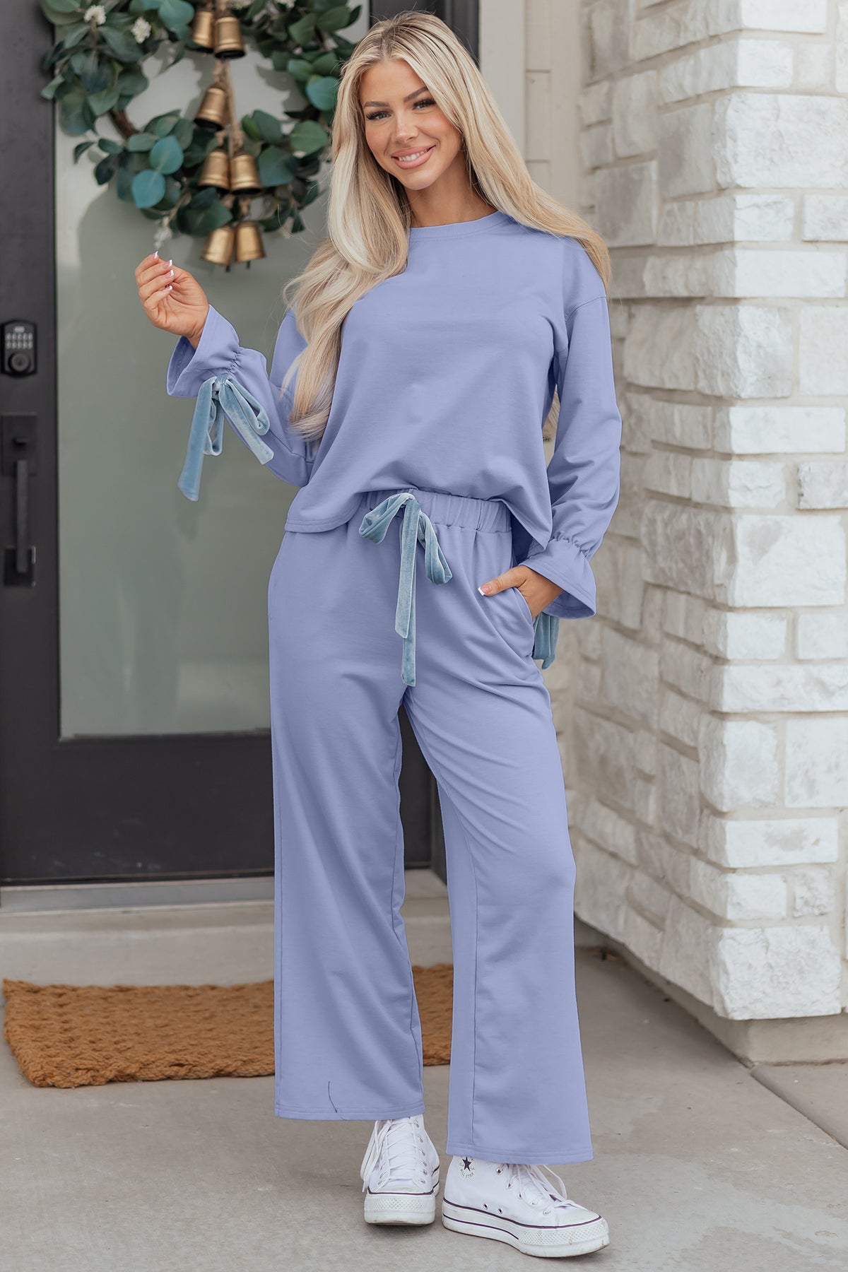 Beau Blue Velvet-Bow Pajama Set