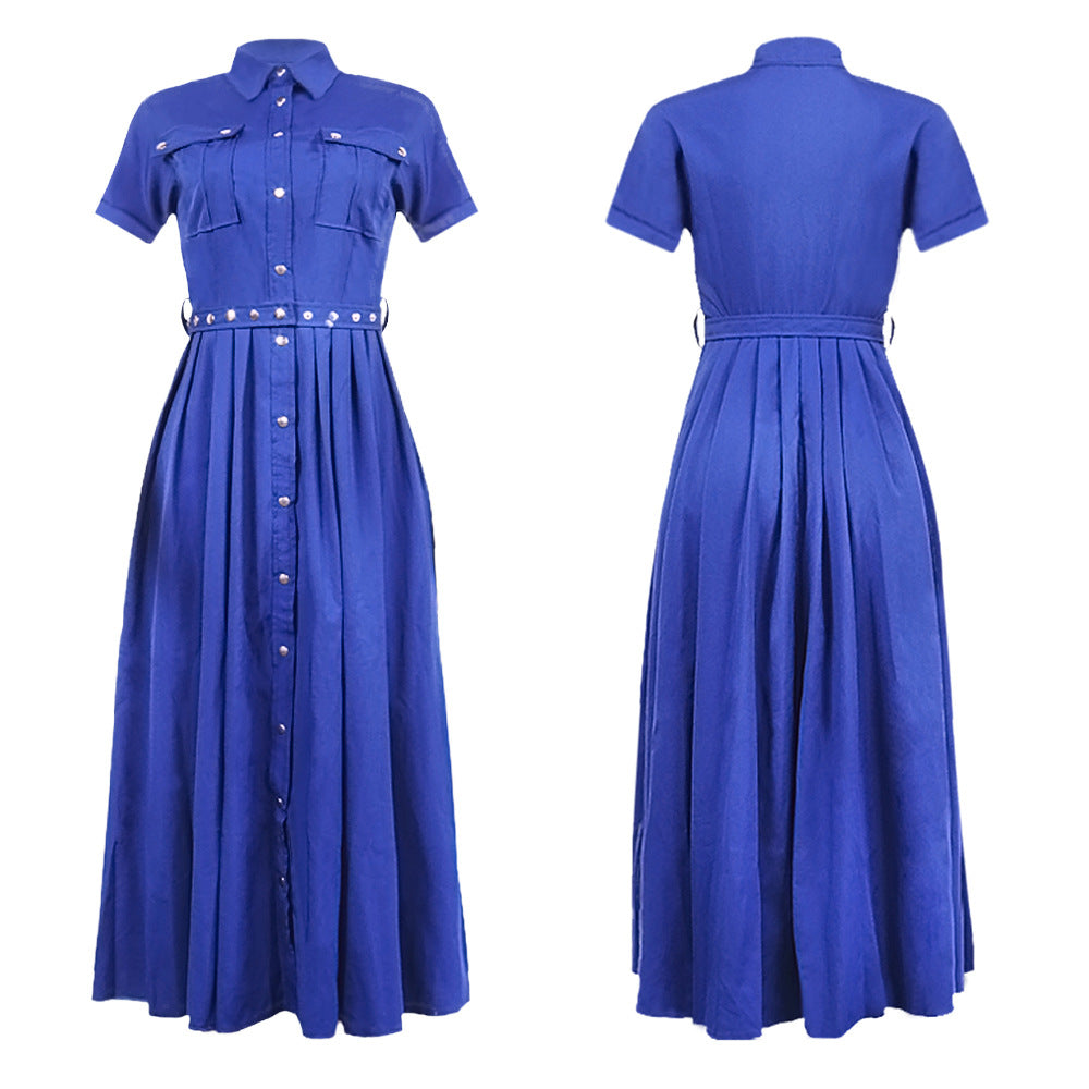 Women's Belted Collared A-Line Midi Dress