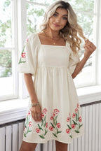 Beige Floral Puff-Sleeve Dress