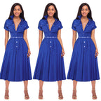 Women's Belted Collared A-Line Midi Dress