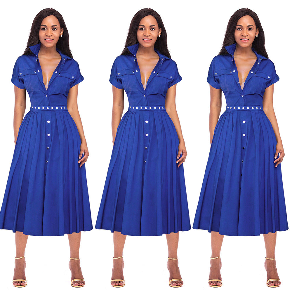 Women's Belted Collared A-Line Midi Dress