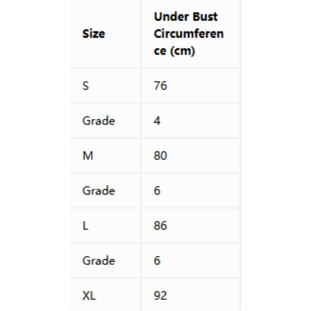Under bust circumference size chart table (cm) for S–XL
