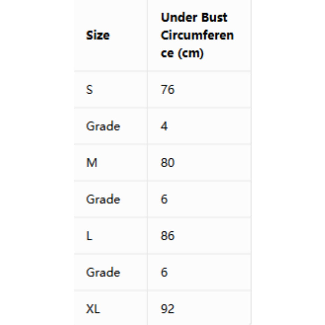 Under bust circumference size chart table (cm) for S–XL