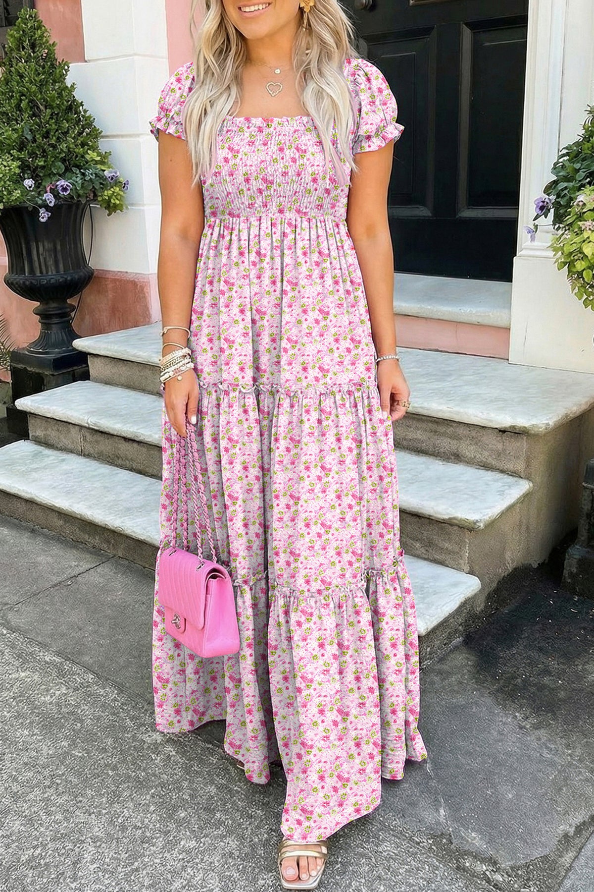 Pink Floral Puff-Sleeve Shirred Maxi Dress