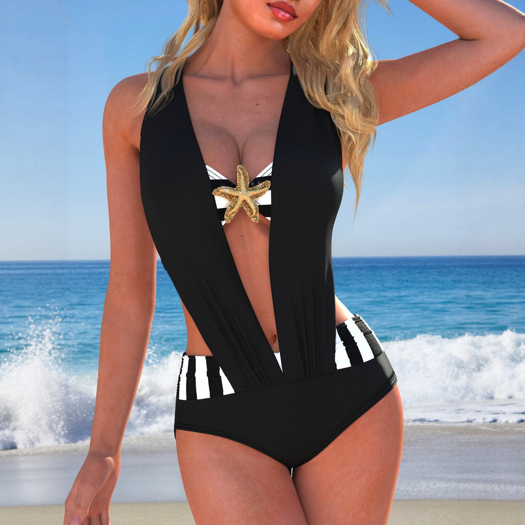 Women's black starfish buckle plunge one-piece swimsuit