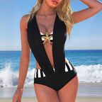 Women's black starfish buckle plunge one-piece swimsuit