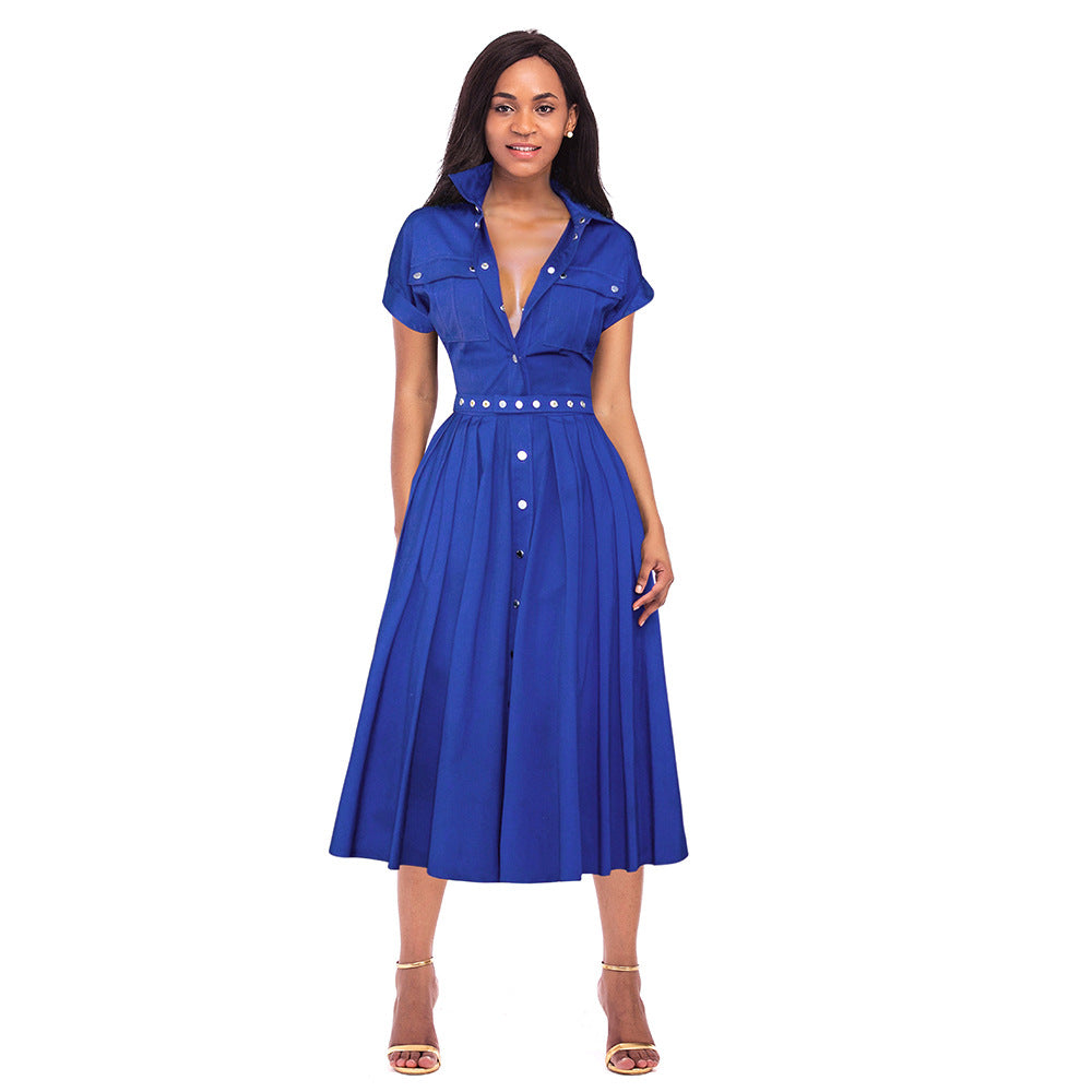 Women's Belted Collared A-Line Midi Dress
