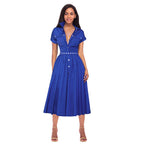 Women's Belted Collared A-Line Midi Dress