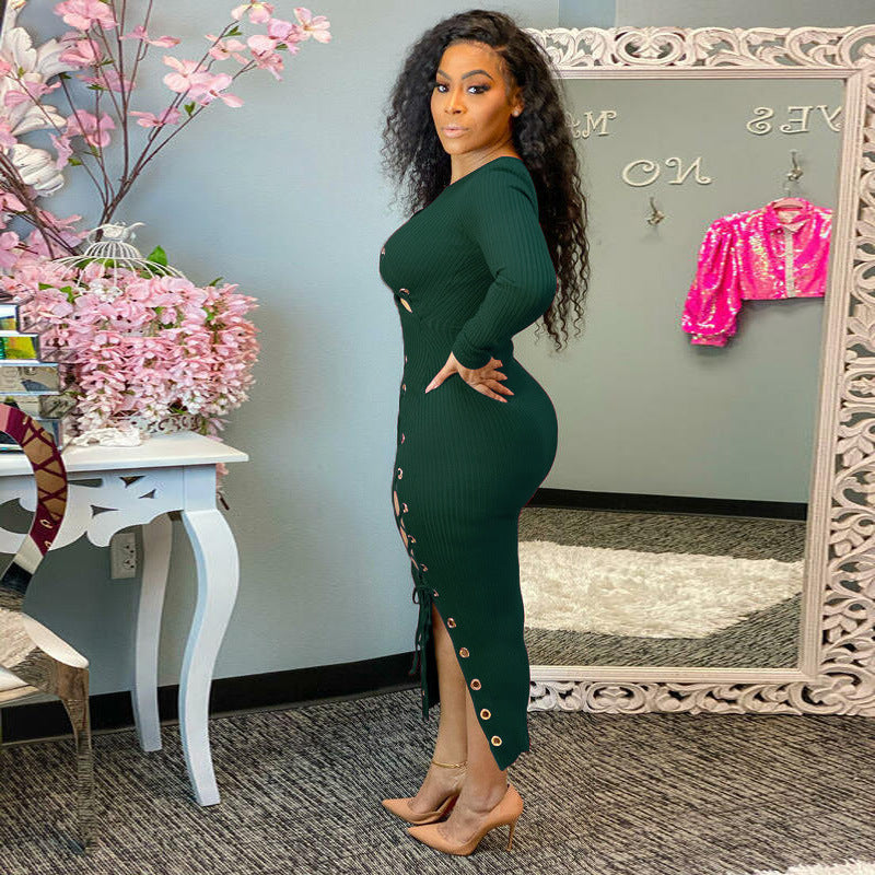 Sunken Stripe Hollow Out Cutout Out Strap Tight Dress