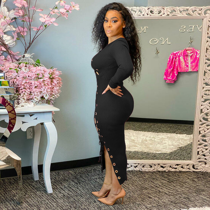 Sunken Stripe Hollow Out Cutout Out Strap Tight Dress