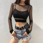 Women's Sheer Grid Mesh Tie Detail Crop Top