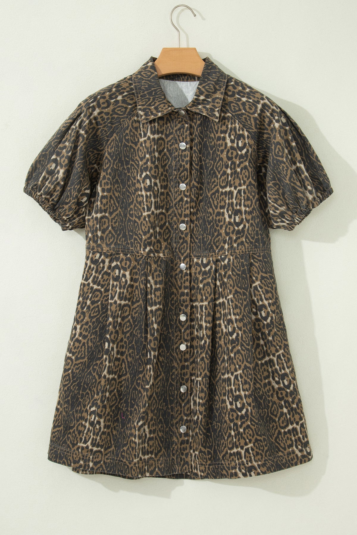 Gray Leopard-Print Pleated Denim Mini Dress