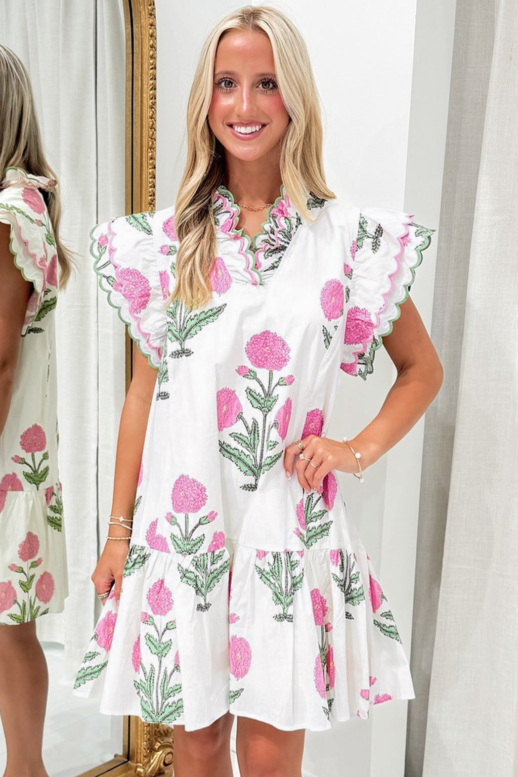 Sky Blue Floral Embroidered Drop-Waist Mini Dress