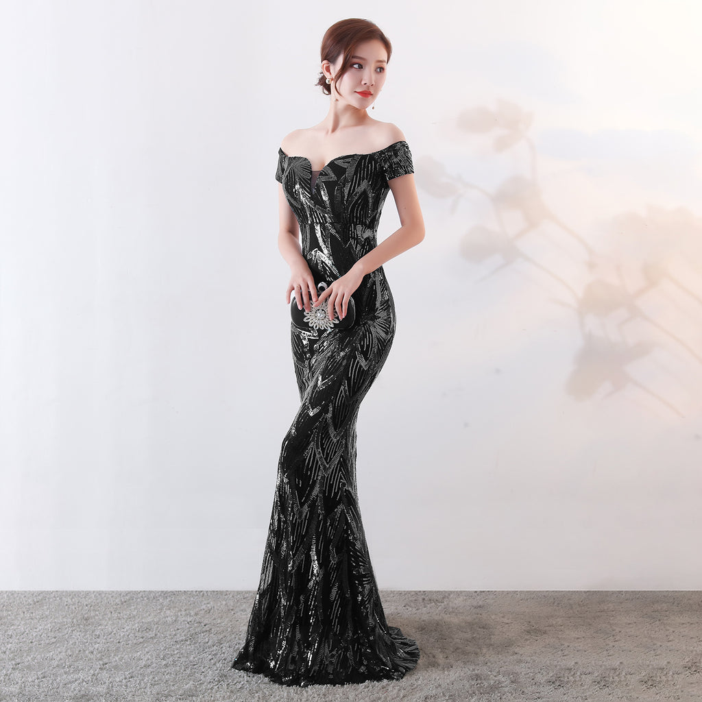 Women's Off the Shoulder Gown Long Fishtail Sequin Evening Dress Slim