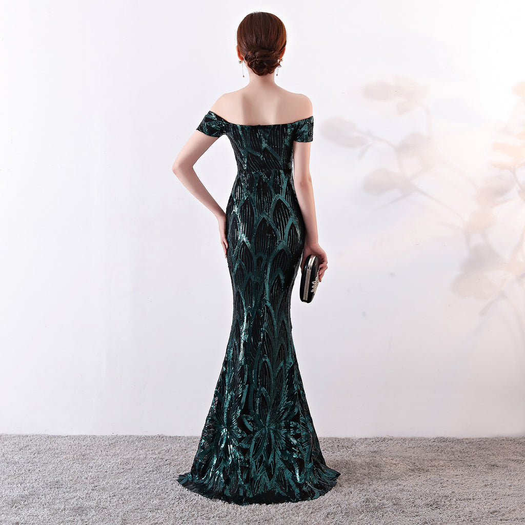 Women's Off the Shoulder Gown Long Fishtail Sequin Evening Dress Slim