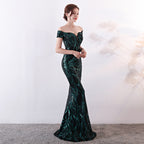 Women's Off the Shoulder Gown Long Fishtail Sequin Evening Dress Slim