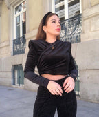 Velvet Pleated Round Neck Crop Top