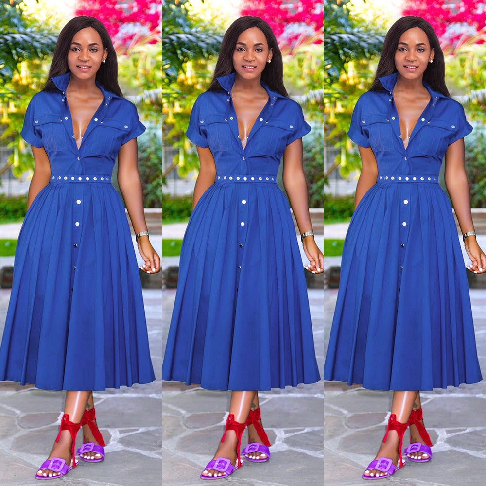 Women's Belted Collared A-Line Midi Dress