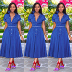 Women's Belted Collared A-Line Midi Dress