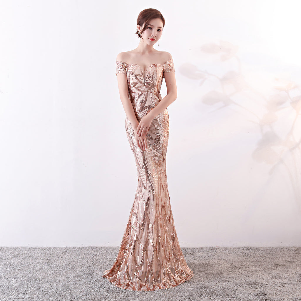 Women's Off the Shoulder Gown Long Fishtail Sequin Evening Dress Slim