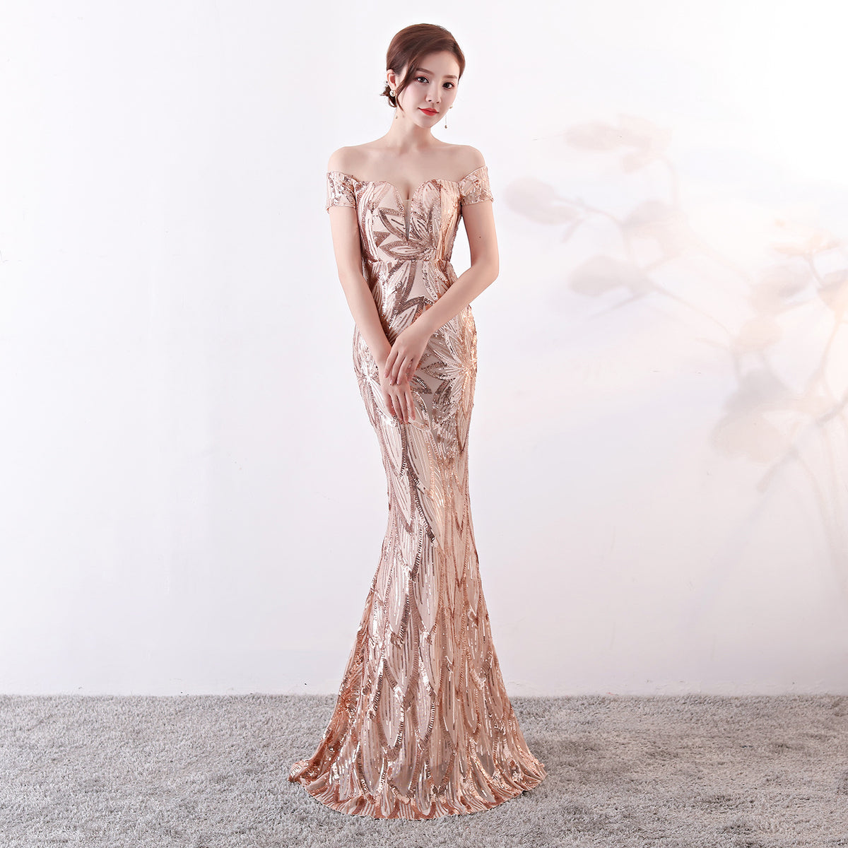 Women's Off the Shoulder Gown Long Fishtail Sequin Evening Dress Slim