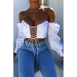 Women's Off Shoulder Tube Lace Up Bare Cropped Slim Fit T-Shirt