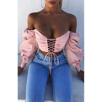 Women's Off Shoulder Tube Lace Up Bare Cropped Slim Fit T-Shirt