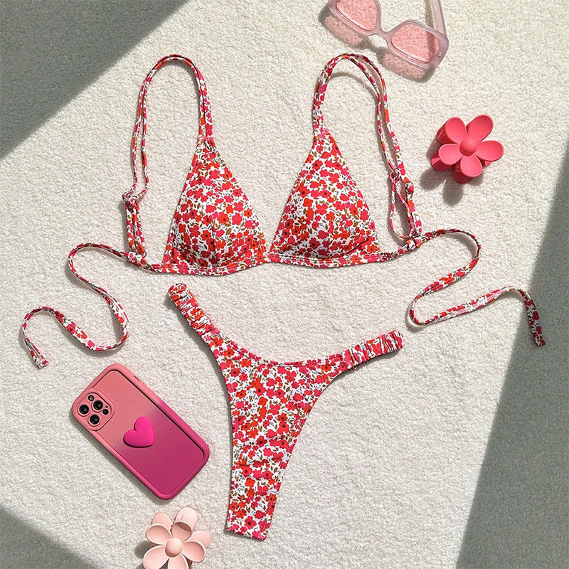 Women's red ditsy floral string bikini set