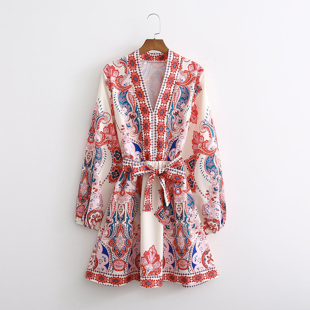 Spring Autumn New Fashion Long Sleeve V-Neck Print Dress