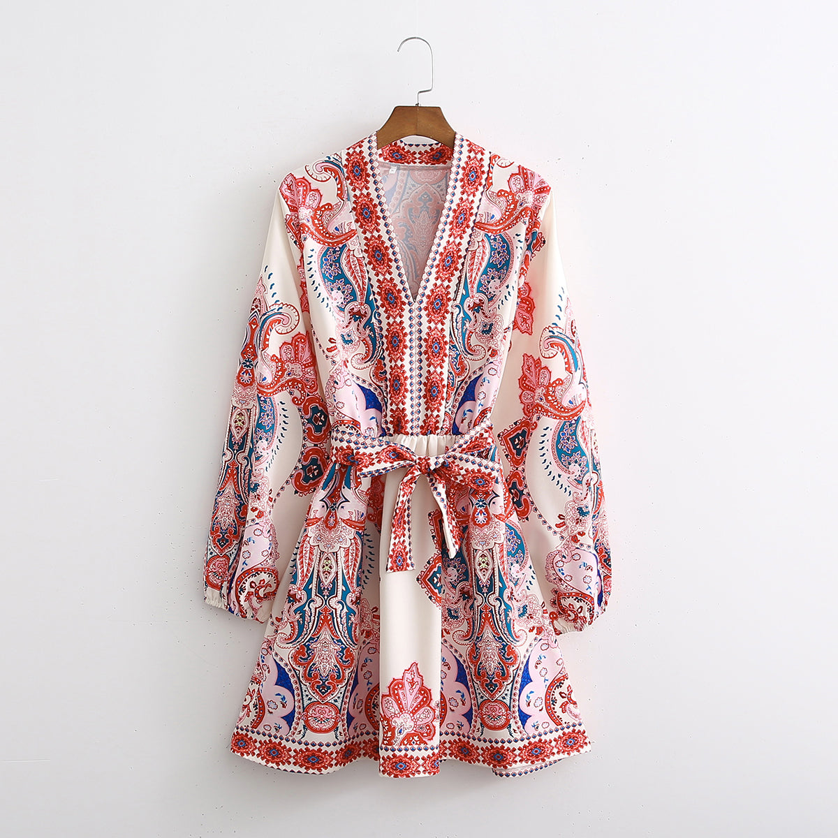 Spring Autumn New Fashion Long Sleeve V-Neck Print Dress