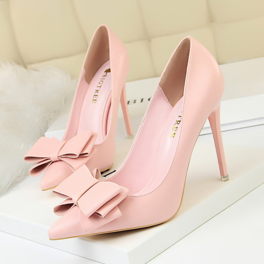 Women's Sweet High Heels Stiletto Heel Delicate Slimming Shallow Mouth Pointed Toe Bowknot Pumps