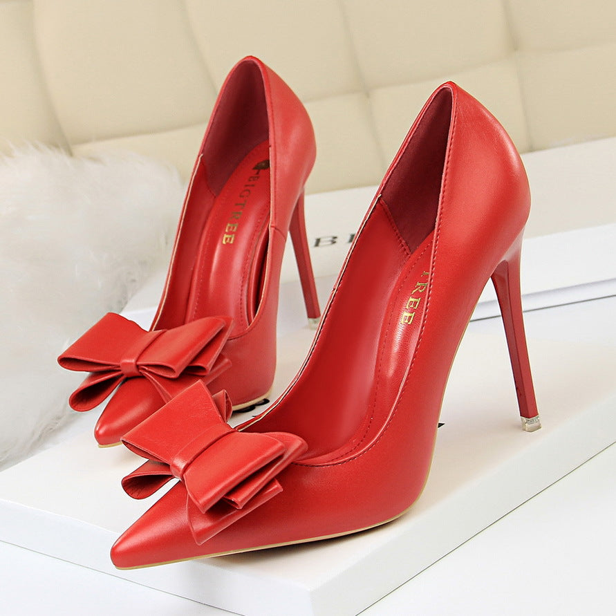 Women's Sweet High Heels Stiletto Heel Delicate Slimming Shallow Mouth Pointed Toe Bowknot Pumps
