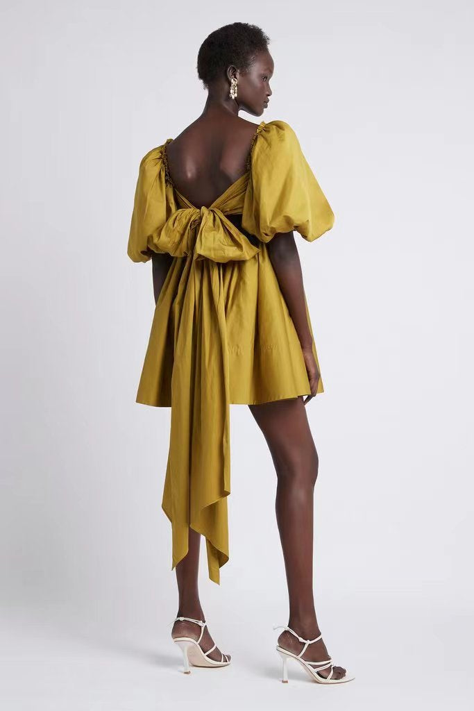 Women's Square Neck Puff Sleeve Smocked Mini Dress