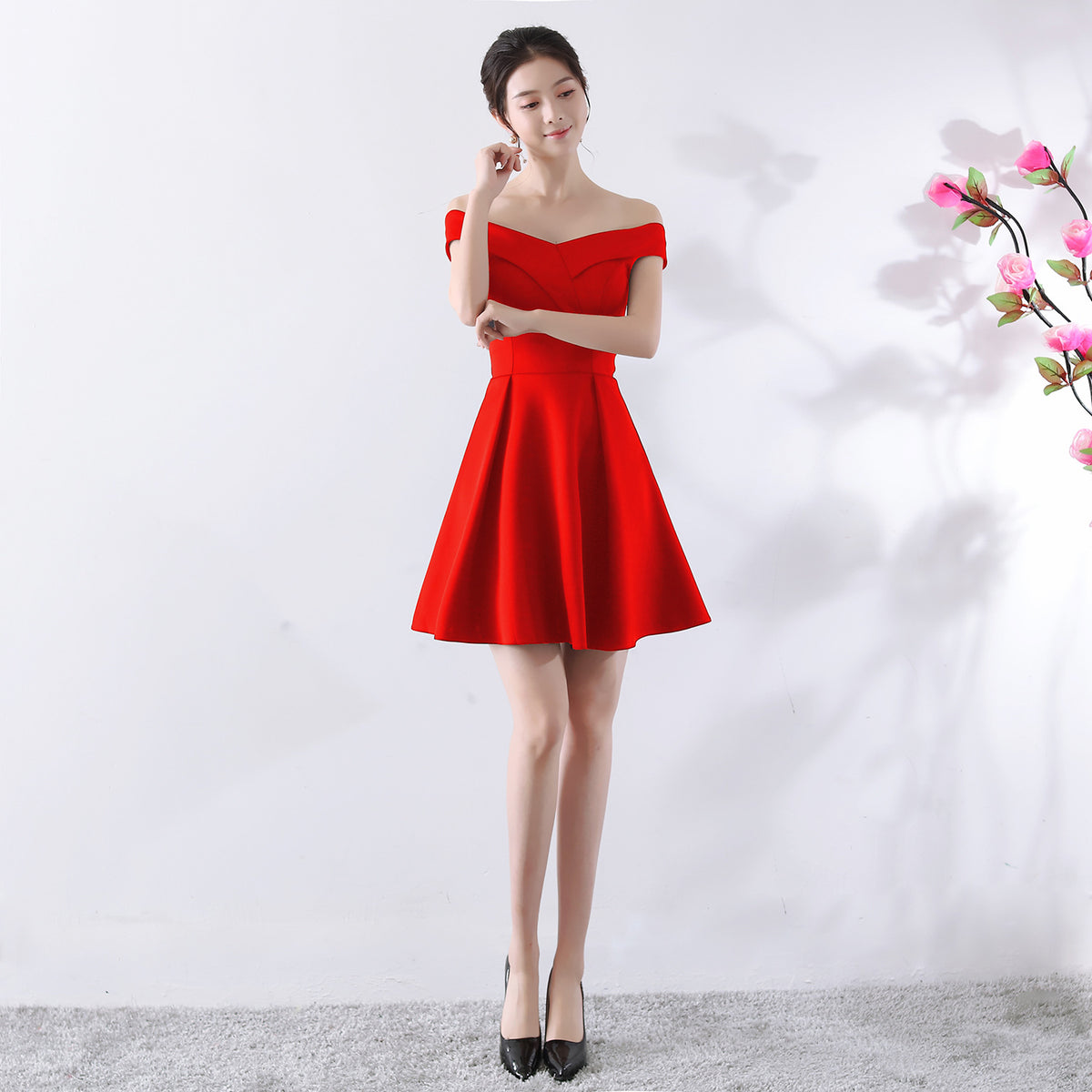 Women's Bridal Wedding Summer Red Short Off-Shoulder Wedding Dress
