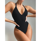 Neck Solid One-piece Swimwear