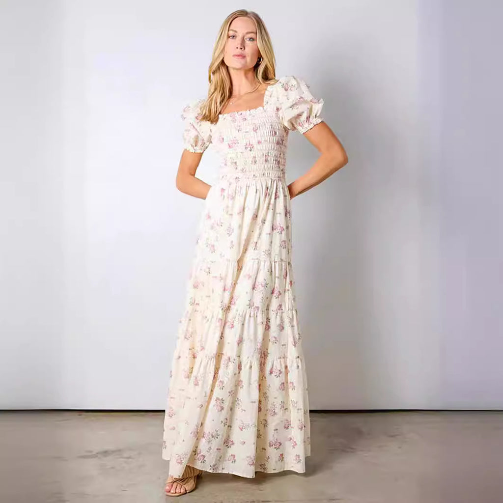 Floral puff-sleeve ruffle maxi dress