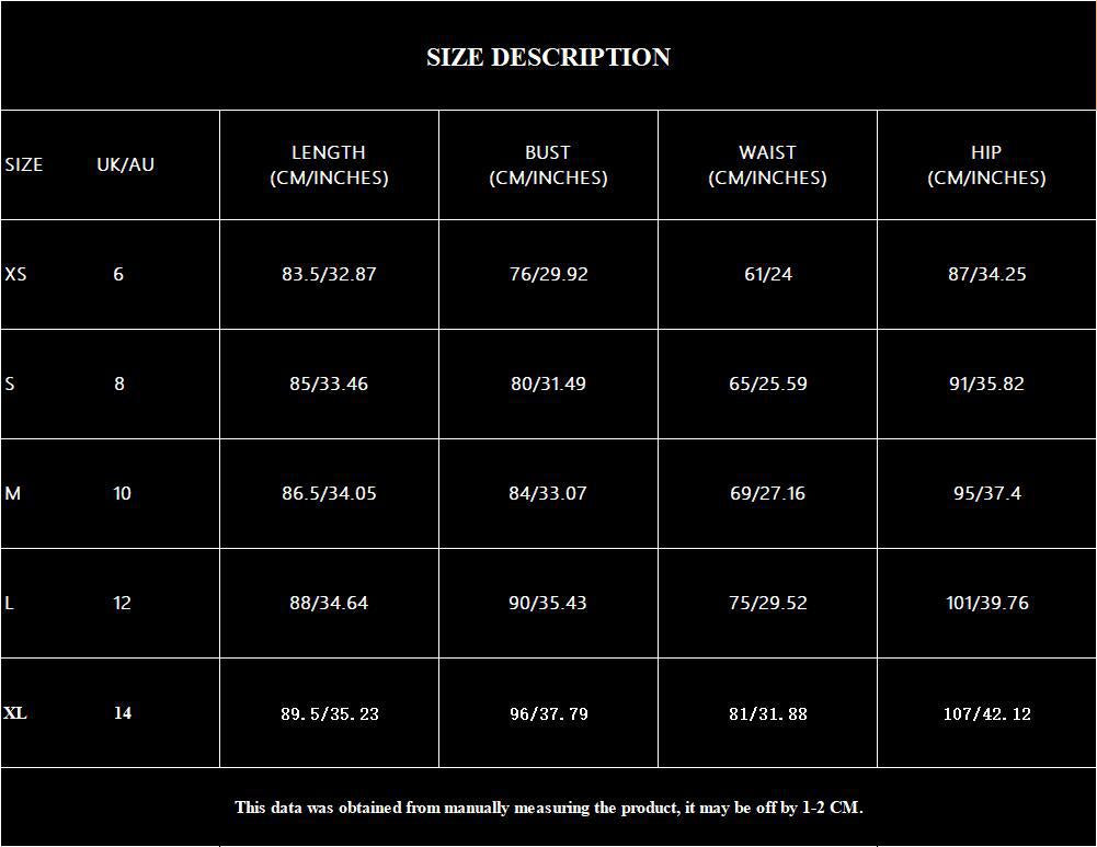 Size chart for women’s sling sheath dress, showing length, bust, waist, and hip