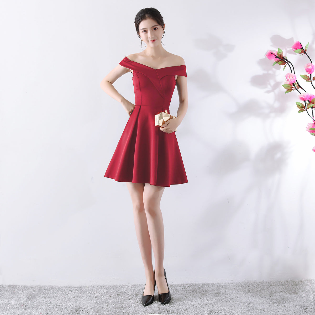 Women's Bridal Wedding Summer Red Short Off-Shoulder Wedding Dress