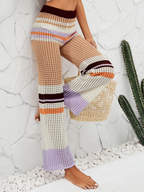 Crochet Spring Summer Fashion Elastic Waist Knitted Mid-Waist Trousers Stitching Color Straight Casual Trousers Crochet