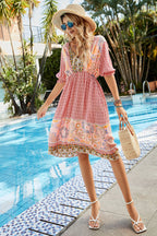 Women's Vacation Sexy Loose Four-Sided Elastic Positioning Printed V-Neck Short Sleeve Bohemian Dress
