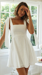 Sundress Shoulder Lace-up Solid Color Short Dress Shoulder Bow Tie Strap