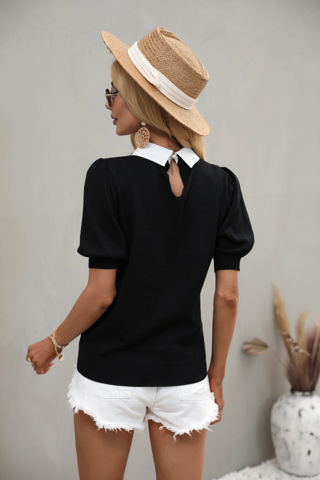 New Spring Summer Pullover Sweater Women Short Sleeve Solid Color Polo Collar T shirt Women