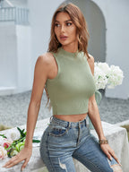Spring Summer Solid Color Bottoming Shirt round Neck Sleeveless Pullover Vest Slim Women Knitwear