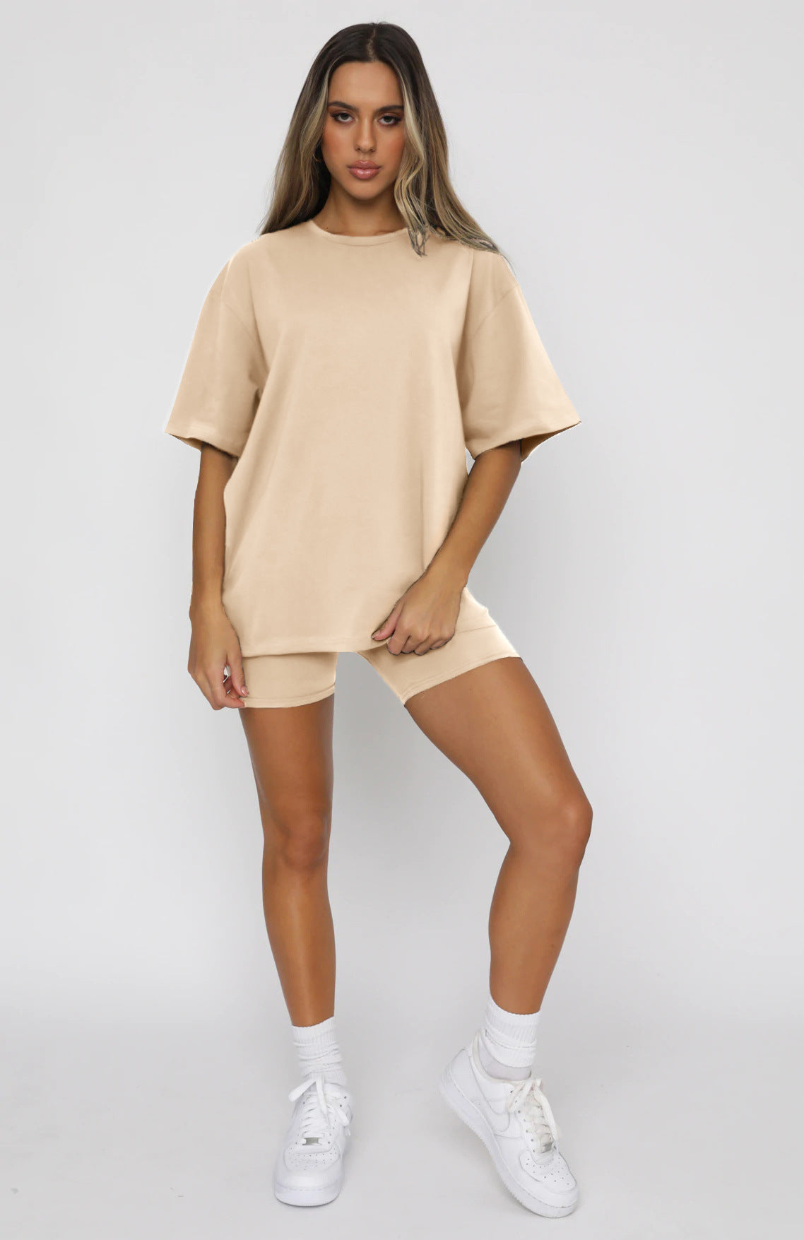 Summer Solid Color Short-Sleeve Round-Neck Pullover Top Urban Casual Shorts Suit Set