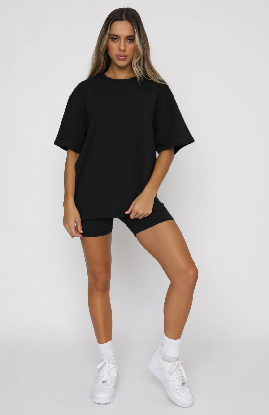Summer Solid Color Short-Sleeve Round-Neck Pullover Top Urban Casual Shorts Suit Set