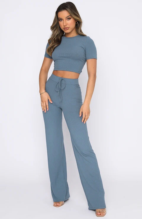 Casual Solid Color High-Elastic Body Shaping Short-Sleeve Sunken Stripe Wide Leg Pants Two-Piece Set